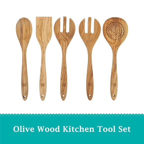 Pioneer Woman 5-Pc Olivewood Kitchen Cooking Utensil Tool Set Natural Color Gift - Picture 3 of 9